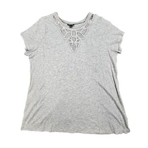 Torrid Womens 0 Plus Size Grey Heather Lace Crochet Neck Short Sleeve T-Shirt
